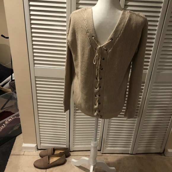 Unknown | Knit Sweater Tie Back Cream Taupe Top - Picture 4 of 8